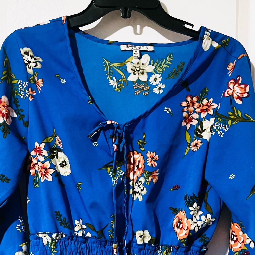 Floral Blue Blouse with Smocked Waist - Picture 2 of 3